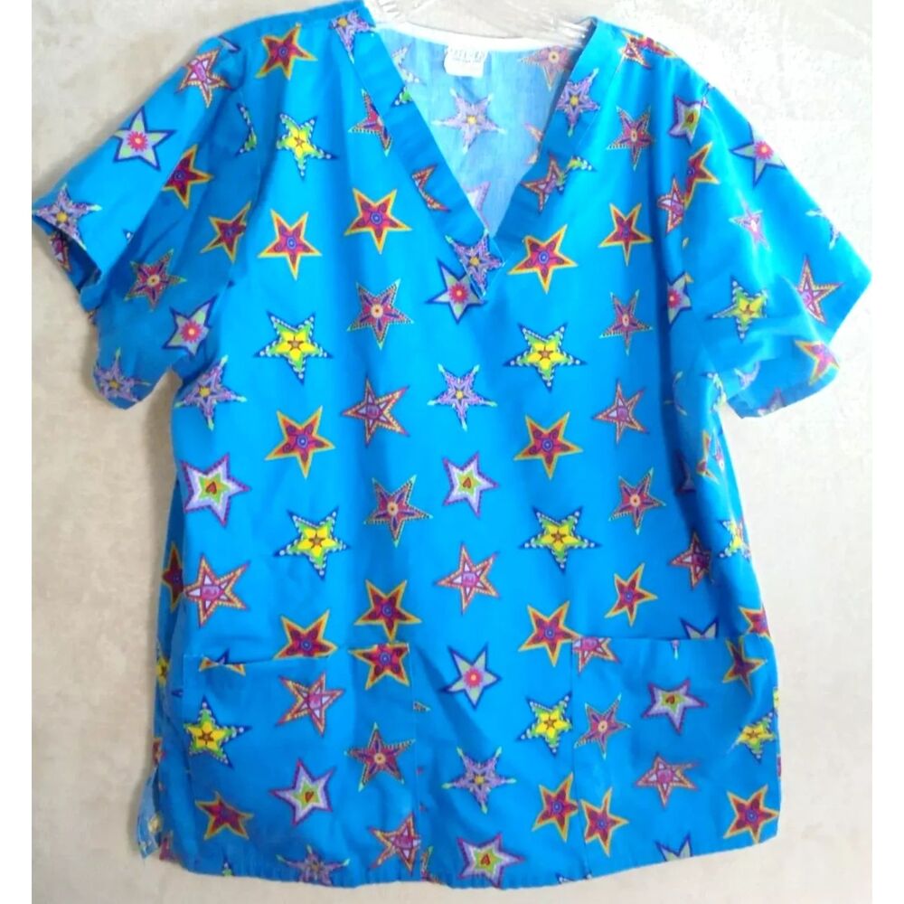 Stafford Scrub Top Womens Medium Blue Stars Shirt Short Sleeve Tunic